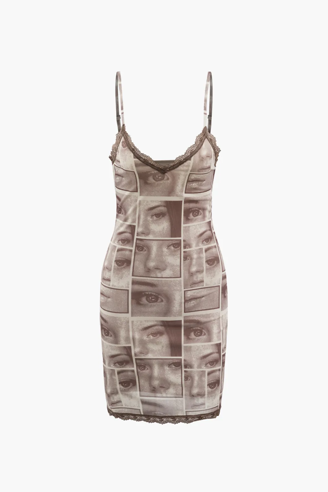 Face Graphic V-neck Lace Trim Mini Dress>MICAS Hot