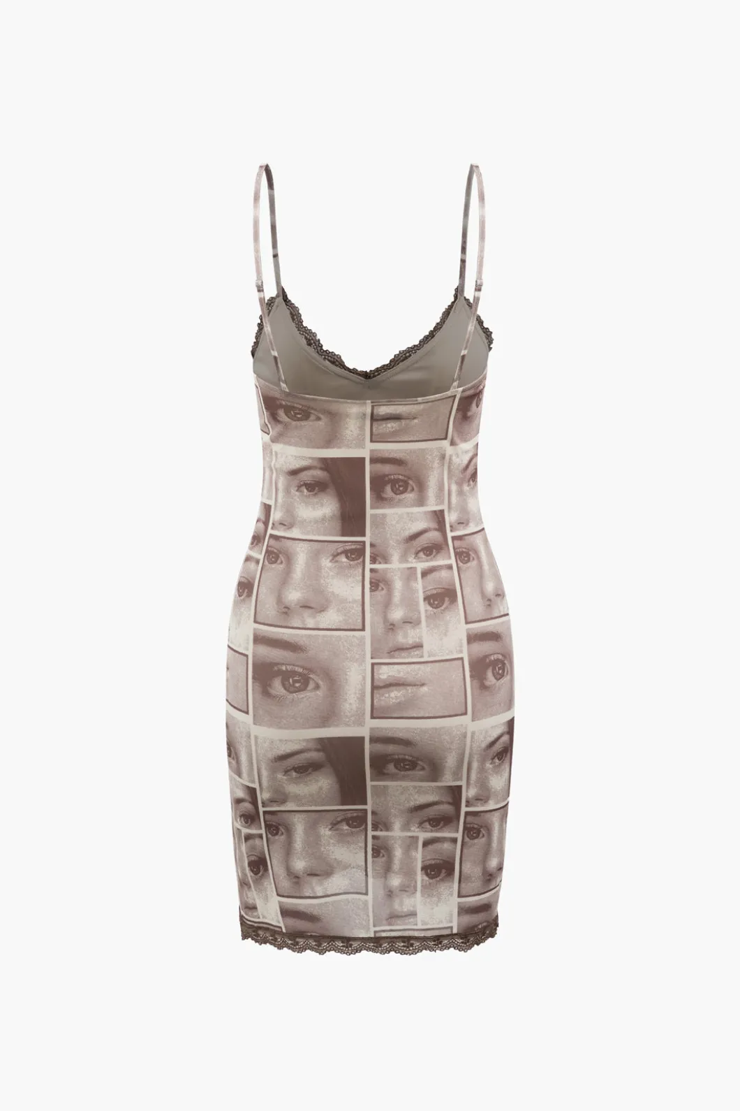 Face Graphic V-neck Lace Trim Mini Dress>MICAS Hot