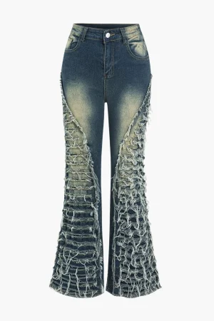 Faded Denim Fringe Flared Jeans>MICAS Fashion