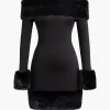 Faux Fur Trim Off Shoulder Midi Dress>MICAS New