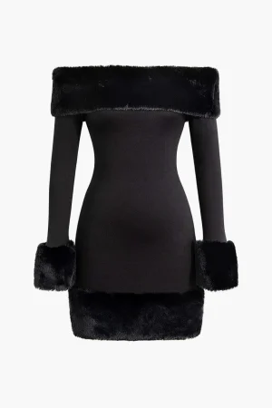 Faux Fur Trim Off Shoulder Midi Dress>MICAS New