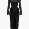 Faux Leather Patchwork Long Sleeve Maxi Dress>MICAS Hot