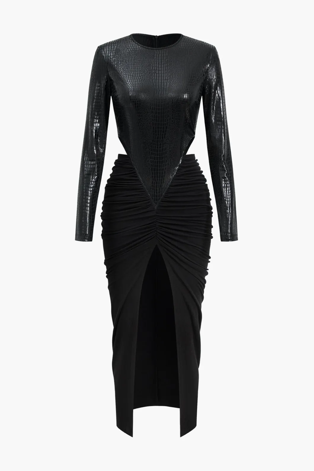 Faux Leather Patchwork Long Sleeve Maxi Dress>MICAS Hot