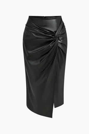 Faux Leather Asymmetrical Twist Knot Skirt>MICAS Clearance