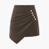 Faux Leather Asymmetrical Button Ruched Skirt>MICAS Clearance