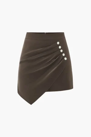 Faux Leather Asymmetrical Button Ruched Skirt>MICAS Clearance