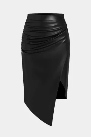 Faux Leather Asymmetrical Ruched Skirt>MICAS Hot
