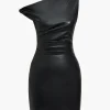 Faux Leather Asymmetrical Twist Knot Zipper Mini Dress>MICAS Hot