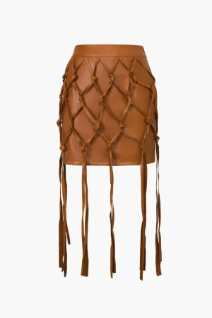 Faux Leather Braiding Fringe Mini Skirt>MICAS Fashion
