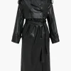 Faux Leather Button Asymmetrical Belted Coat>MICAS Hot