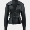 Faux Leather Button Belted Jacket>MICAS New