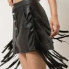 Faux Leather Button Fringe Trim Mini Skirt>MICAS Discount