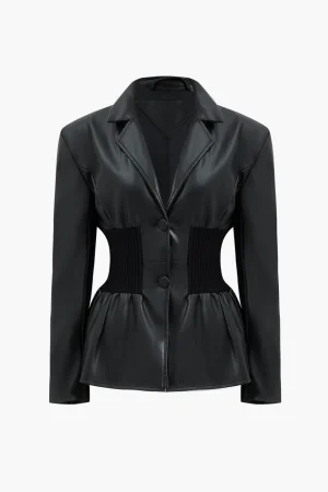 Faux Leather Button Patchwork Blazer>MICAS New