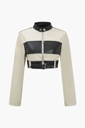 Faux Leather Button Patchwork Jacket>MICAS New