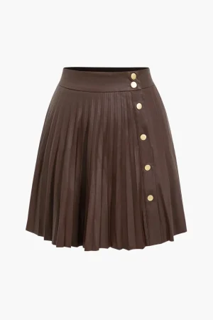 Faux Leather Button Pleated Skirt>MICAS Sale