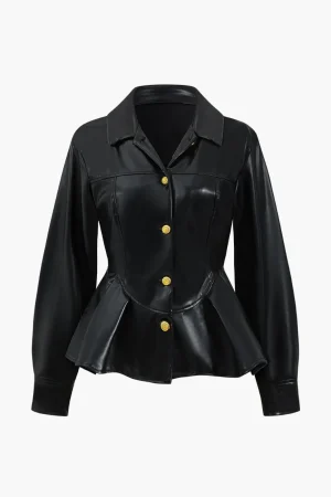 Faux Leather Button Ruched Jacket>MICAS Best