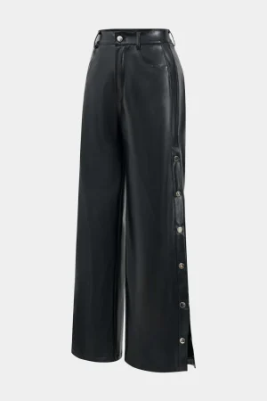 Faux Leather Button Wide Leg Trousers>MICAS Hot