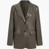 Faux Leather Buttoned Notched Lapel Blazer>MICAS Hot