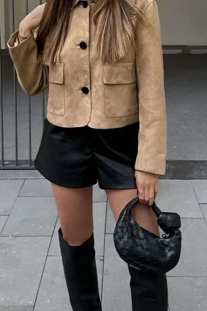 Faux Leather Collar Pocket Jacket>MICAS New