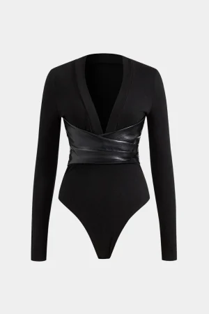 Faux Leather Crossed V-Neck Long Sleeve Bodysuit>MICAS Online