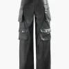 Faux Leather Flap Pocket Straight Leg Cargo Pants>MICAS New