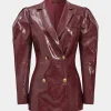 Faux Leather Gigot Sleeve Double Breasted Blazer>MICAS Online
