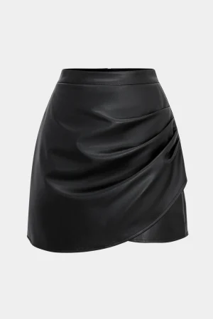 Faux Leather High Waist Ruched Skirt>MICAS Online