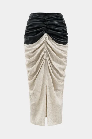 Faux Leather Linen Patchwork Ruched Skirt>MICAS Best