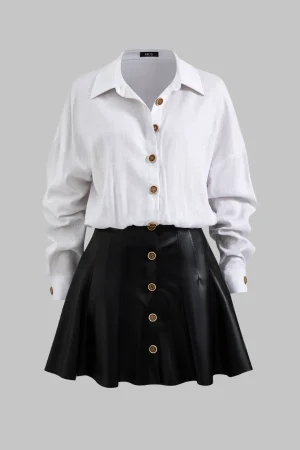 Faux Leather Linen Patchwork Button Long Sleeve Mini Dress>MICAS Outlet