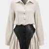 Faux Leather Linen Tie Front Button Patchwork Long Sleeve Mini Dress>MICAS Hot