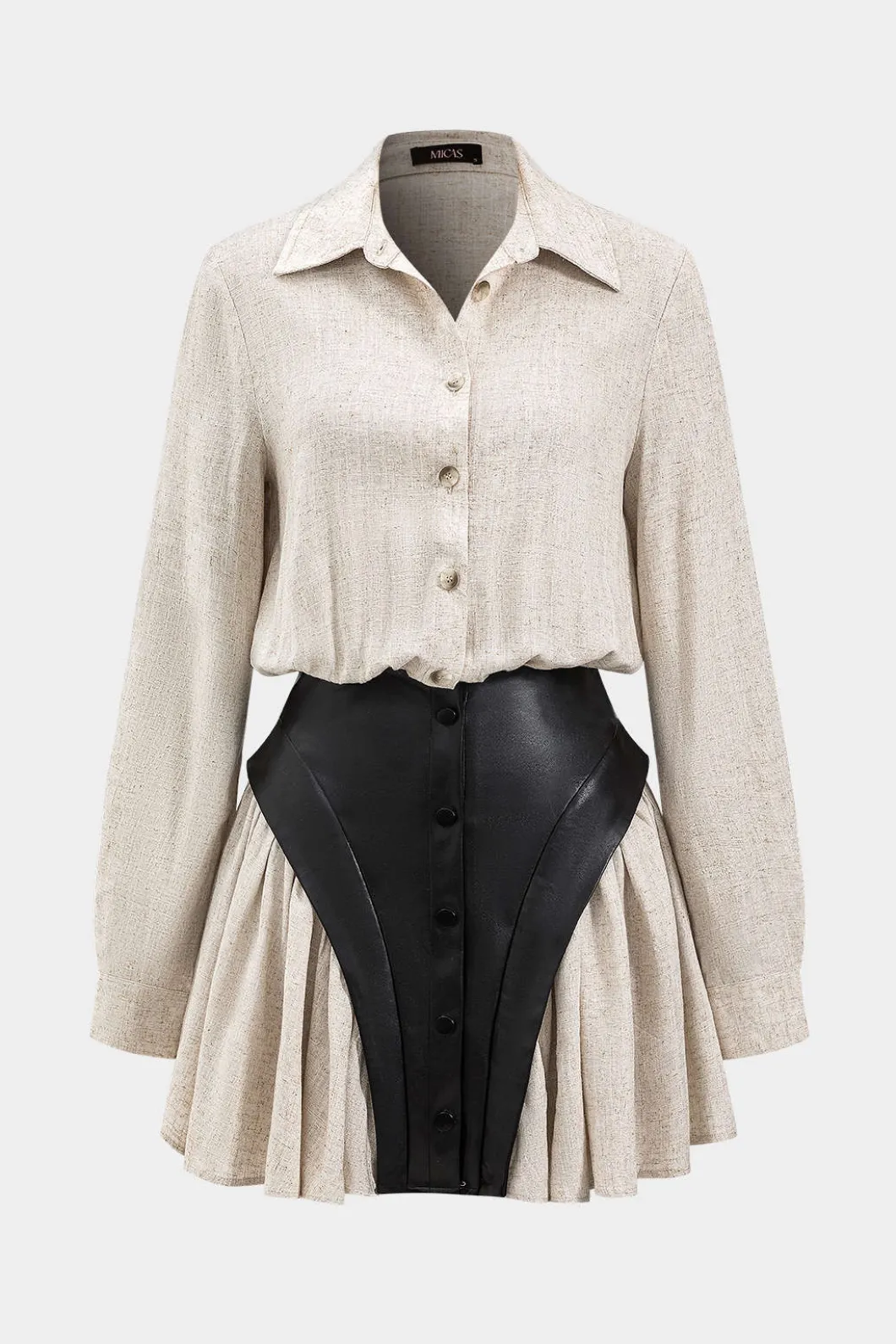 Faux Leather Linen Tie Front Button Patchwork Long Sleeve Mini Dress>MICAS Hot