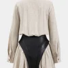Faux Leather Linen Tie Front Button Patchwork Long Sleeve Mini Dress>MICAS Hot