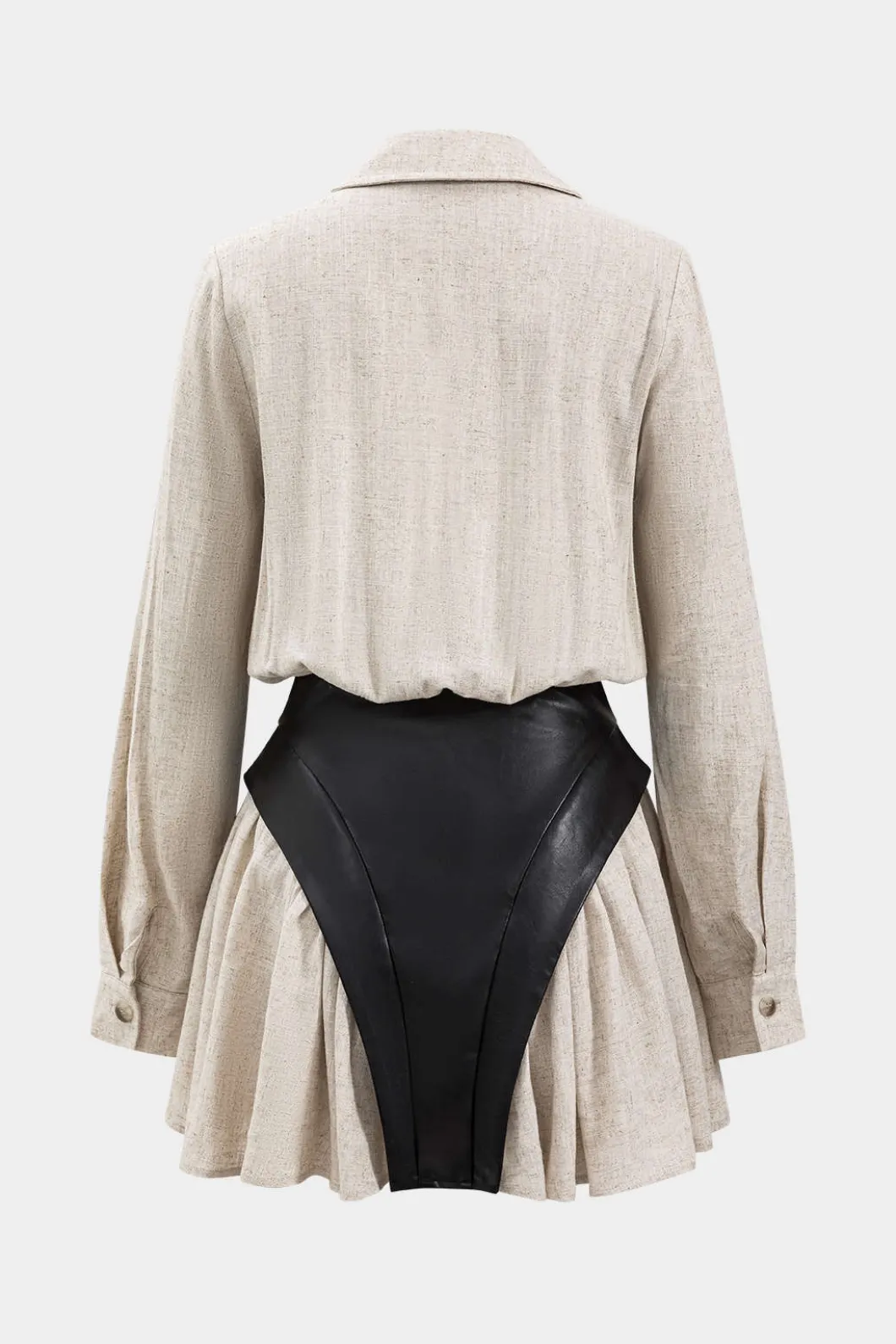 Faux Leather Linen Tie Front Button Patchwork Long Sleeve Mini Dress>MICAS Hot