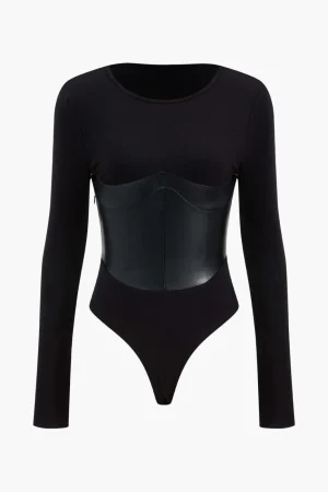 Faux Leather Long Sleeve Patchwork Bodysuit>MICAS Sale