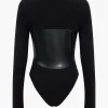 Faux Leather Long Sleeve Patchwork Bodysuit>MICAS Sale