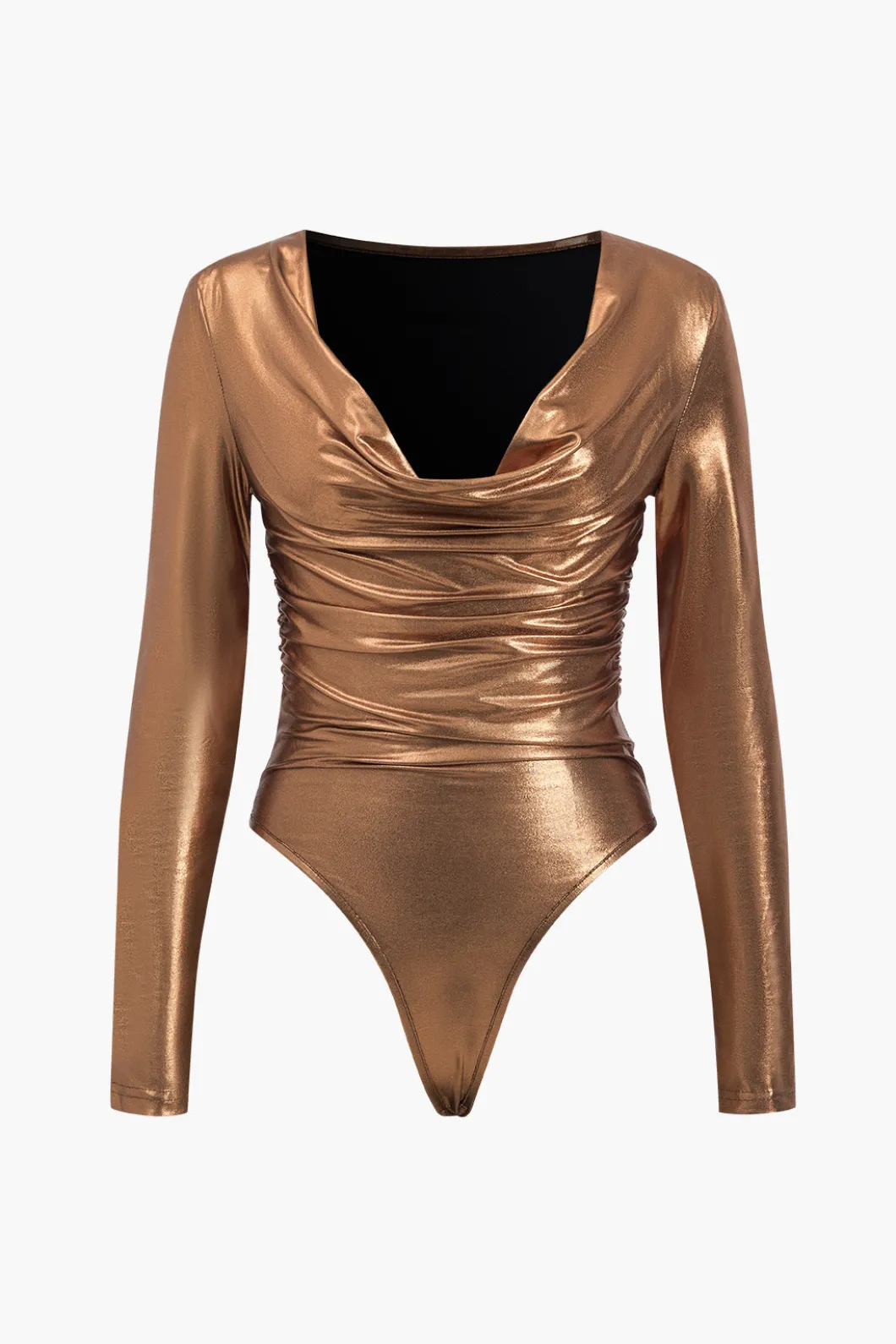 Faux Leather Long Sleeve Cowl Neck Bodysuit>MICAS Hot