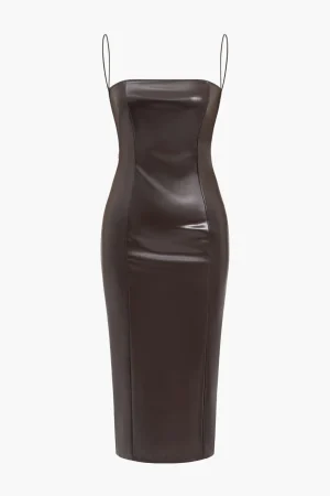 Faux Leather Low Back Slit Midi Dress>MICAS Clearance