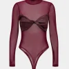 Faux Leather Mesh Patchwork Twist Knot Long Sleeve Bodysuit>MICAS Best
