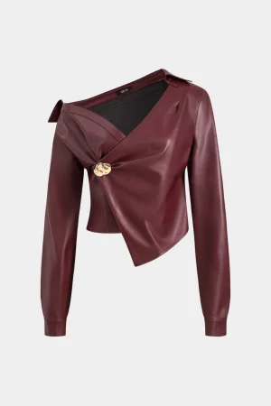 Faux Leather Metallic Asymmetrical Neck Long Sleeve Jacket>MICAS Clearance