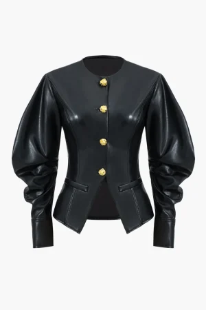 Faux Leather Metallic Button Jacket>MICAS Discount
