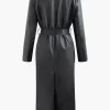 Faux Leather Notched Lapel Belted Trench Coat>MICAS Sale