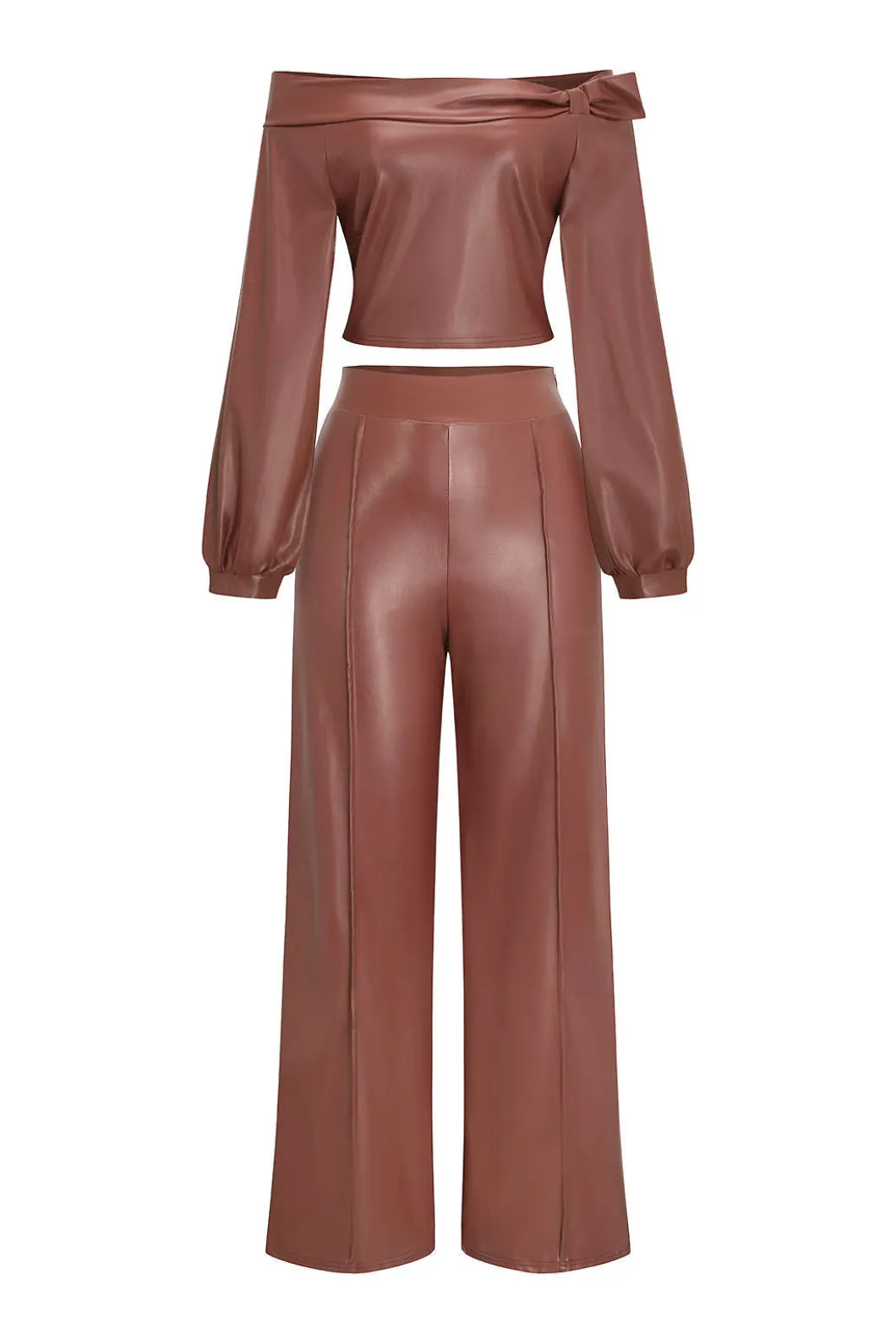 Faux Leather Off Shoulder Top And Wide Leg Trousers Set>MICAS Best