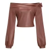 Faux Leather Off Shoulder Top And Wide Leg Trousers Set>MICAS Best
