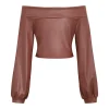 Faux Leather Off Shoulder Top And Wide Leg Trousers Set>MICAS Best