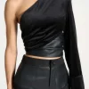 Faux Leather Patchwork Asymmetrical Long-Sleeve Top>MICAS Online