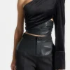 Faux Leather Patchwork Asymmetrical Long-Sleeve Top>MICAS Online