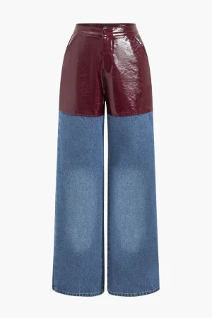 Faux Leather Patchwork Jeans>MICAS Clearance