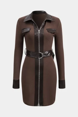Faux Leather Patchwork Long Sleeve Mini Dress>MICAS New