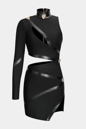 Faux Leather Patchwork Long Sleeve One Shoulder Cut Out Mini Dress>MICAS New