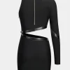 Faux Leather Patchwork Long Sleeve One Shoulder Cut Out Mini Dress>MICAS New